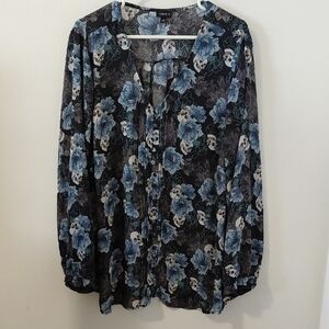 Torrid Blue and Black Floral Skull Blouse